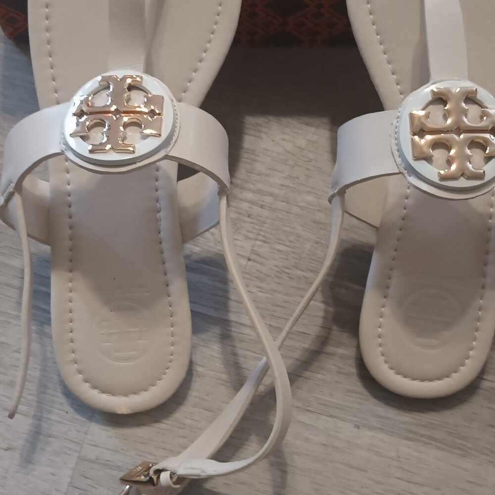 Tory Burch White Gold Logo Leather Sandals